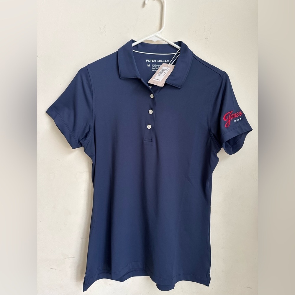 NWT WOMEN'S PETER MILLAR POLO, SIZE: M COLOR: NAVY . logo printed